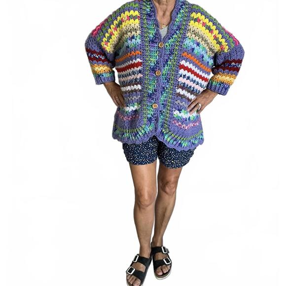 Vintage Multicolor, Cottage core Handmade Crochet Knit  chunky Cardigan Bohemian - Picture 9 of 9